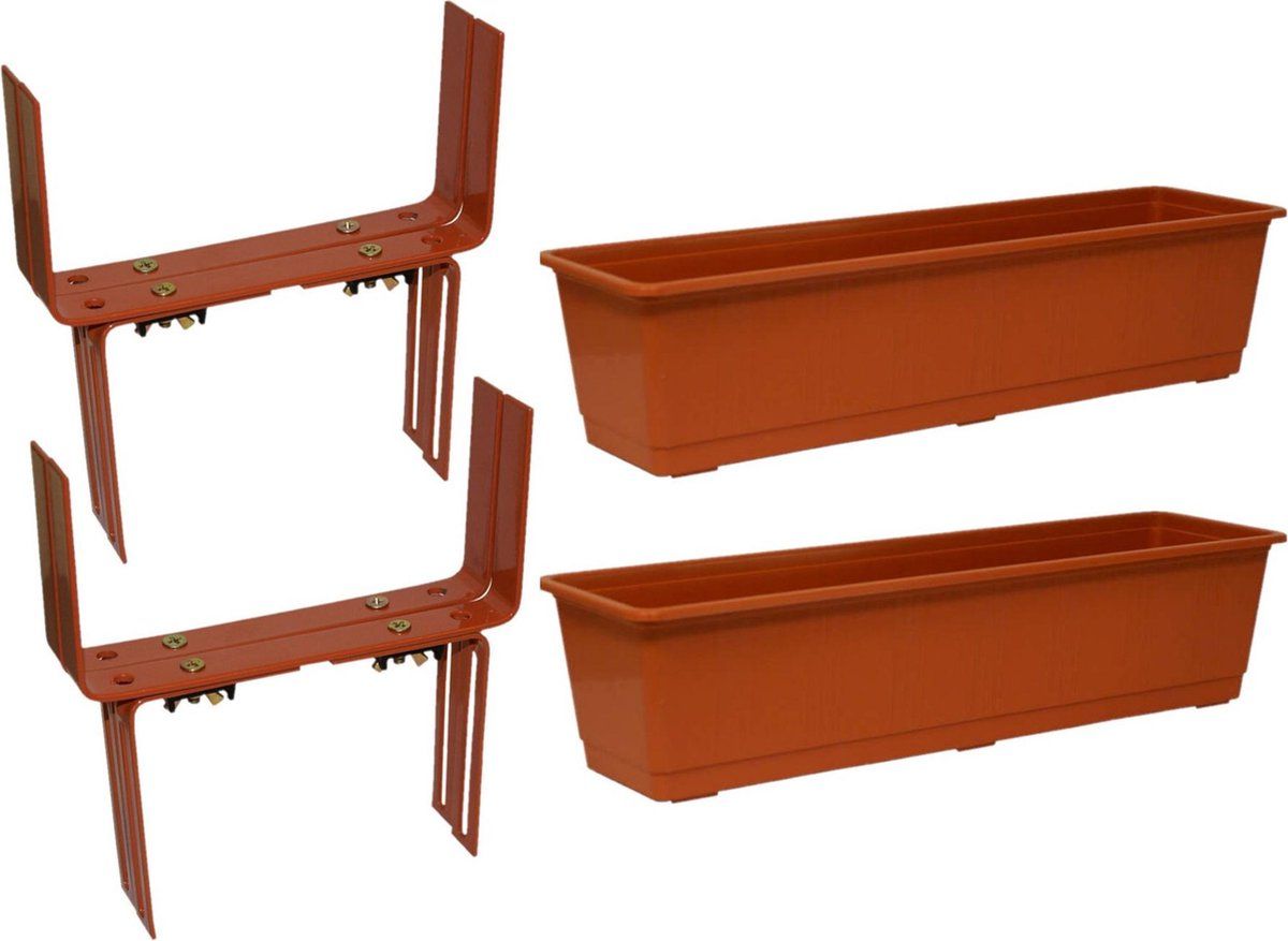 Geli Set van 2 kunststof plantenbakken terracotta rechthoekig 60 cm met 4 verstelbare balkon/muurbeugels