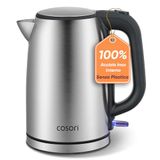 COSORI Elektrische waterkoker van roestvrij staal, 1,7 liter, contact met water zonder plastic, 2200 W, Strix-technologie, 360° draaibare sokkel, zilver-zwart