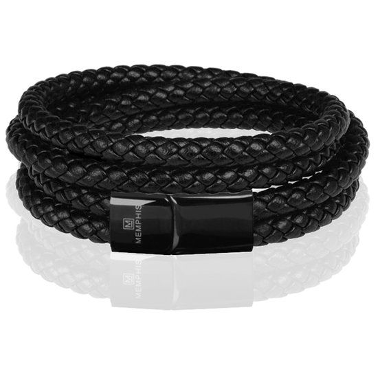 Memphis Dubbele Wrap Armband Leer Zwart - 20cm