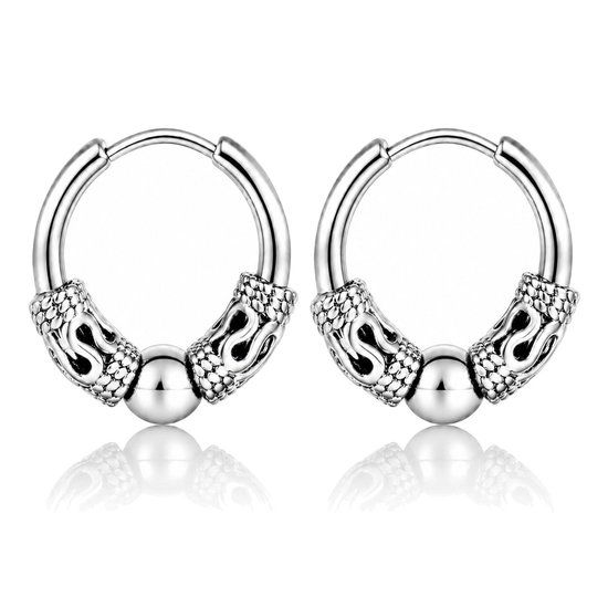 Mendes Lookinggoodtoday Heren oorringen staal zilverkleurig met details en balletje - 20mm