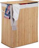 Merkloos Relaxdays 3x Wasmand Bamboe met Deksel - 2 Vakken - 95 Liter - Opvouwbaar - Lichtbruin/Wit