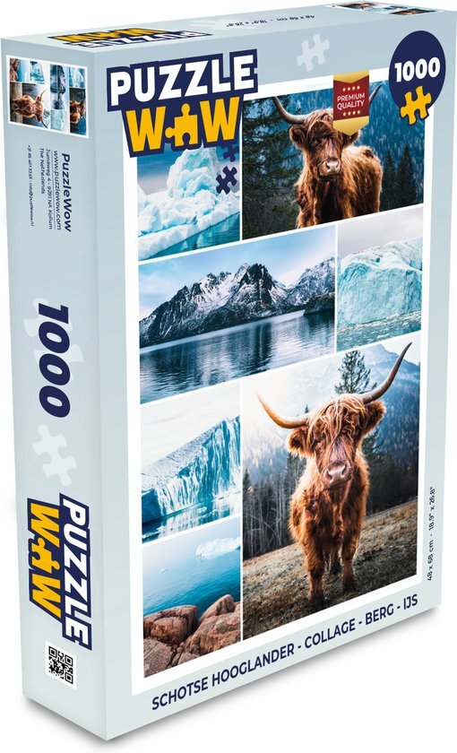 MuchoWow Puzzel Schotse hooglander - Collage - Berg - IJs - Legpuzzel - Puzzel 1000 stukjes volwassenen