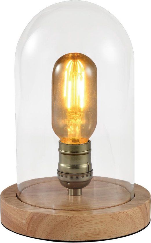 QUVIO Lamp - Tafellamp - Glazen stolp en houten voet - Diameter 15 cm