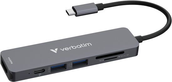 Verbatim USB-C essentiële multipoort hub 6 poorten: HDMI, USB-C PD, USB-A 3.2 Gen 1, USB-A, SD & microSD