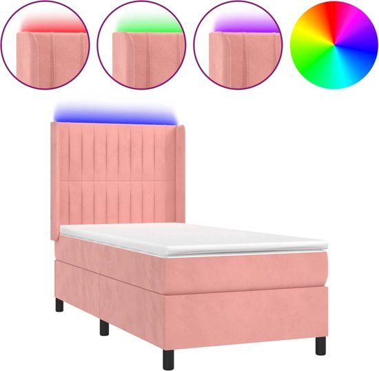 vidaXL Boxspring met matras en LED fluweel roze 90x200 cm