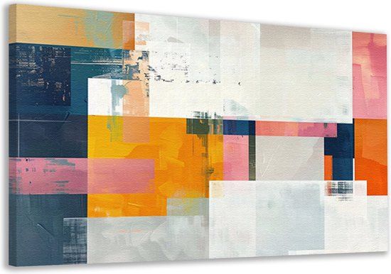 Merkloos / Sans marque Abstract Canvas Wall Art - Modern Art Portrait - 70x50cm - Orange/White/Blue/Pink/Grey