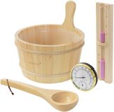 Luxebath sauna accessoireset 4-delig massief grenenhout complete saunaset met opgietemmer 4,5l lepel thermometer hygrometer zandloper 15 minuten saunamok kunststof inzetstuk wellness thuissauna hout sauna benodigdheden sauna accessoires