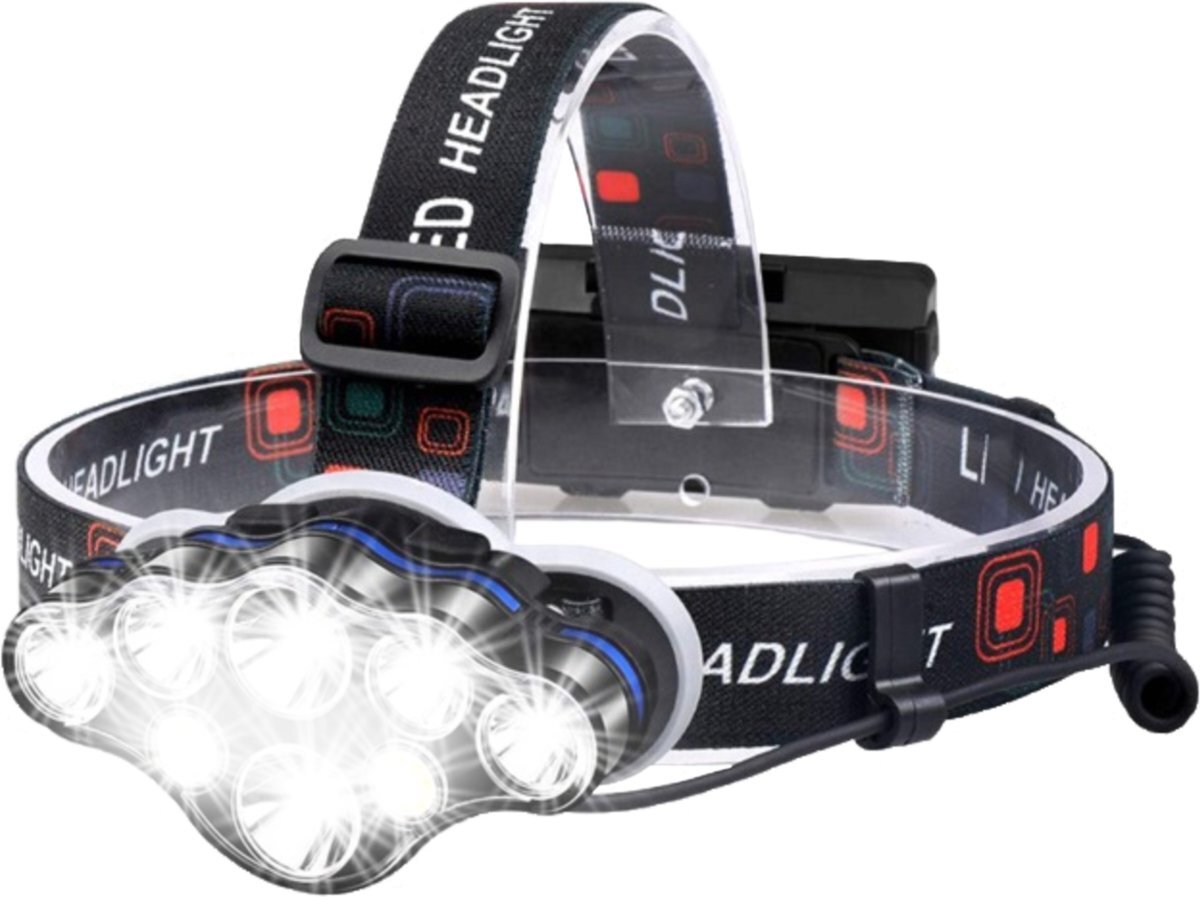 WildTech Hoofdlamp - Hoofdlamp LED oplaadbaar - Hoofdlampje - 8 LED-koplampen - 18000 lumen - 500 meter bereik - Verstelbaar