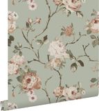ESTAhome behang vintage bloemen vergrijsd mintgroen en zacht roze - 53 cm x 10.05 m