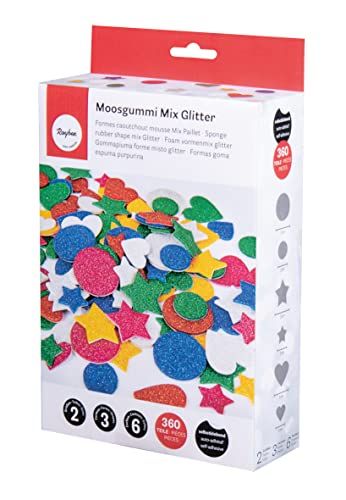 Rayher 30237999 Schuimrubbermix, zelfklevend, kleurrijk, 2 + 3 cm Ø, doos 360 stuks, 3 vormen, 6 kleuren, glitterschuimstickers, schuimrubberstickers, om te versieren
