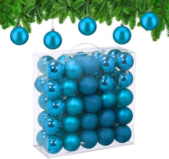 Relaxdays Kerstballen set van 50 - Ø 6 cm - Kunststof - Onbreekbaar - Turquoise