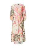 comma Jurk met lange mouwen, V-hals, ballonmouwen, volant, trekkoord, paisley, kuithoogte, viscose, maat 38, roze