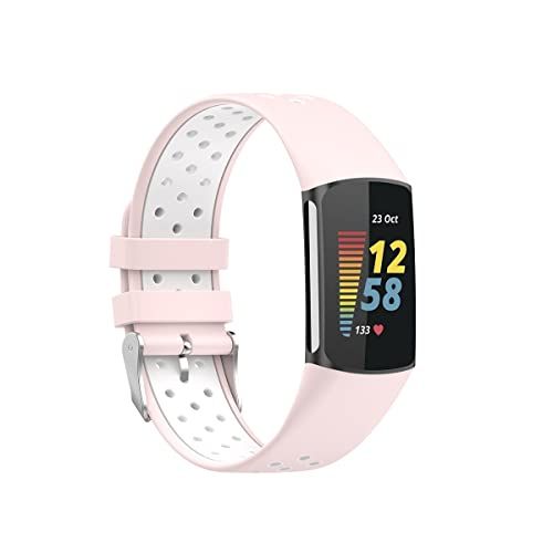 Qubix Sportbandje voor Fitbit Charge 5 - Roze/Wit - Maat L