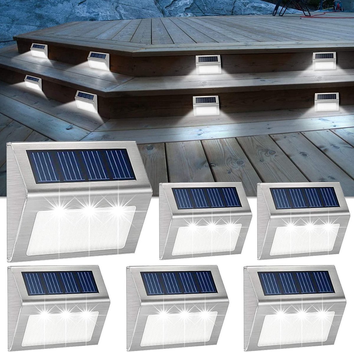 EZMarkt 6 Stuks - Solar Led Zonne-Energie - Wandlamp - Buitenlamp - Tuinverlichting - RVS