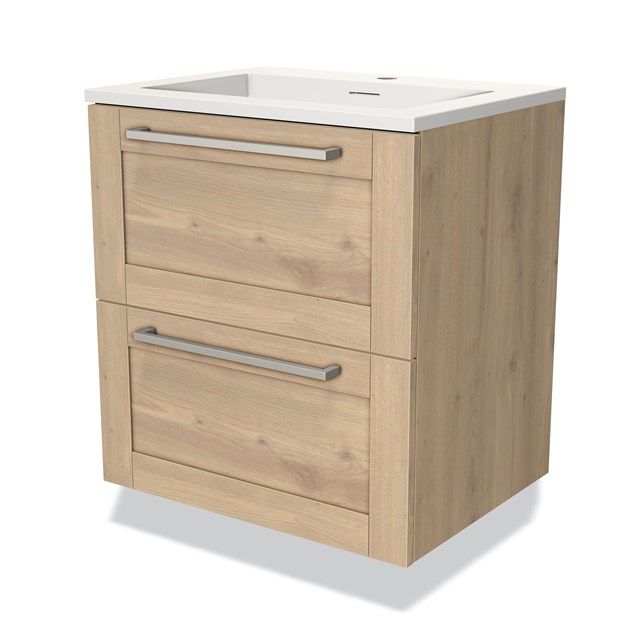 Maxaro Badkamermeubel 60cm Modulo Lichtbruin Eiken 2 Lades Kader Wastafel Solid Surface