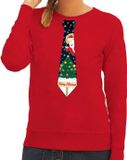 Bellatio Decorations Foute kersttrui - sweater - met stropdas kerst print - rood - voor dames XL