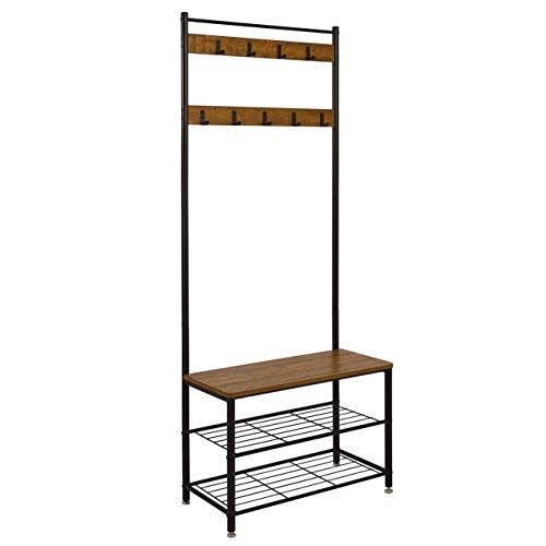 Meerveil Kapstok Stand, Schoenenrek, Kledingrek, Schoenopslag Bank met 9 haken, Metalen Hall Boom (bruin)
