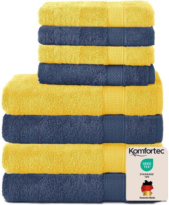 Komfortec Handdoekenset – Set van 8 - 4x Handdoek 50x100 cm en 4x Badhanddoek 70x140 cm - 100% Katoen - Marineblauw&Geel