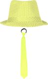 Merkloos Carnaval verkleed set - hoedje en stropdas - fluor geel - dames/heren