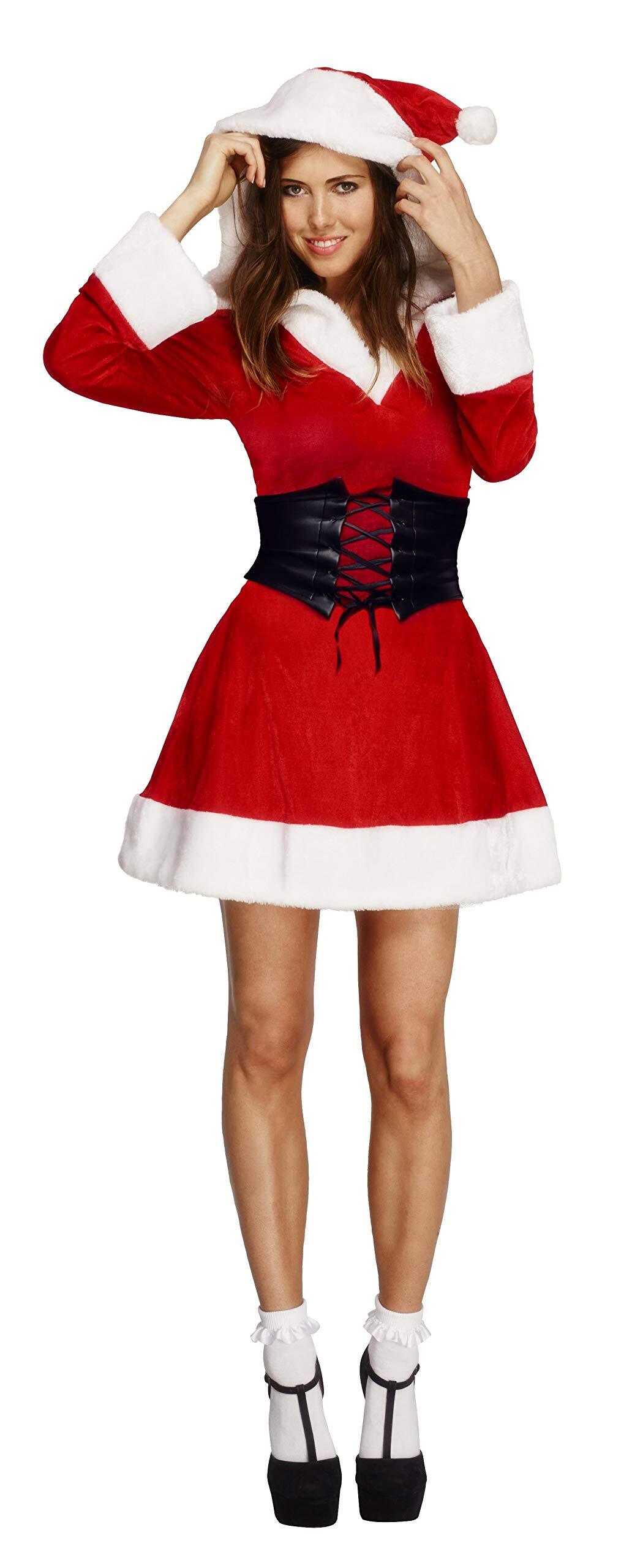Vegaoo Fever, 36988 Dames Kerstmis kostuum, jurk met capuchon en riem, Maat: L Größe: 44-46 rood
