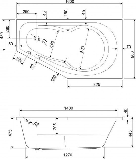 Wisa Tirano Hoekbad - 160x90cm - Rechts - Wit