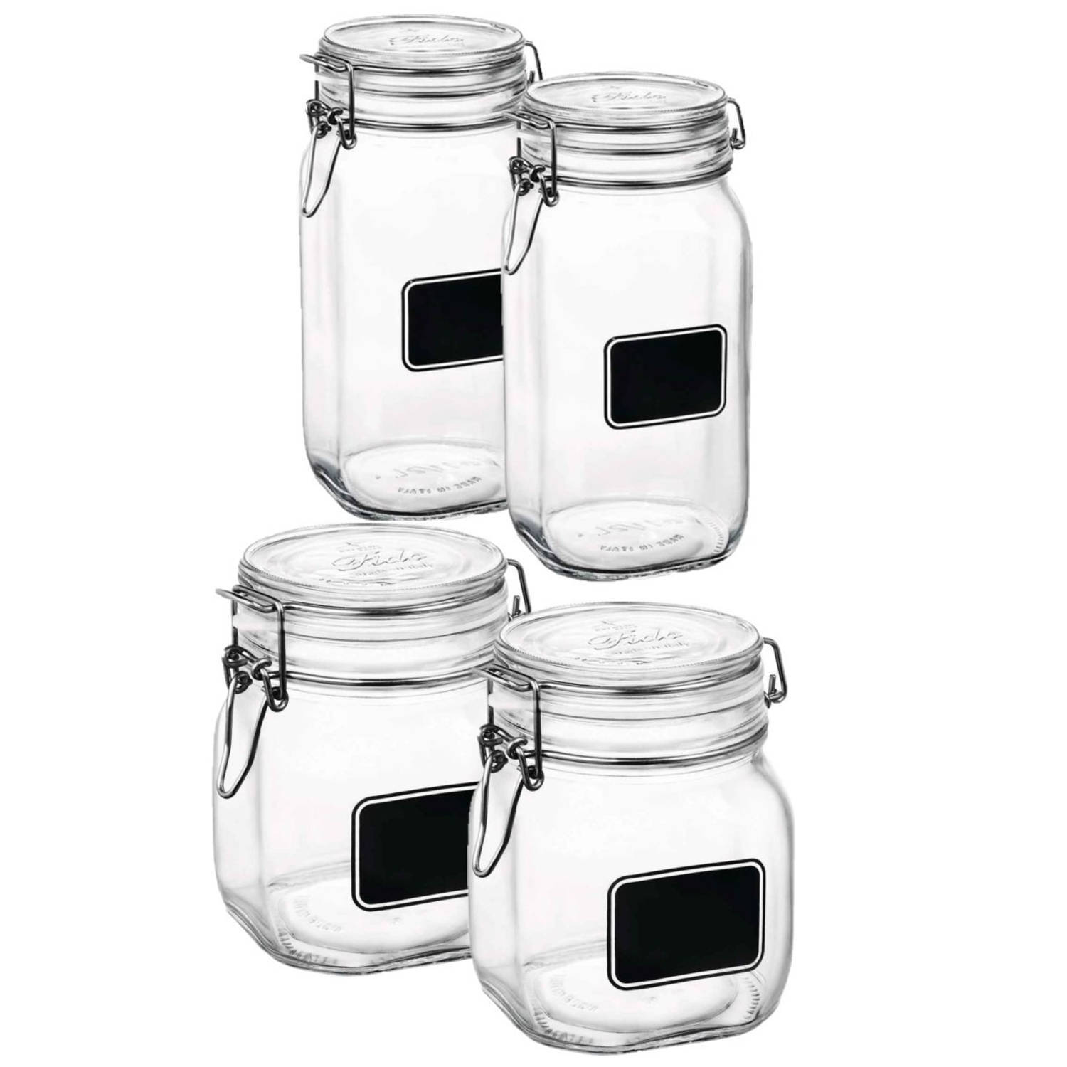 BORMIOLI ROCCO Set van 4x stuks weckpotten/inmaakpotten met krijtplaatje 750 ml - 1,5 liter - D 10,6 cm