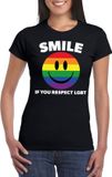 Bellatio Decorations Smile if you respect LGBT emoticon shirt zwart dames - LGBT/ Gay pride shirts L