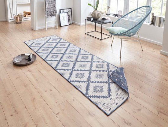 Northrugs Malibu - Blue/Cream Checkered Indoor/Outdoor Rug - 80x350cm