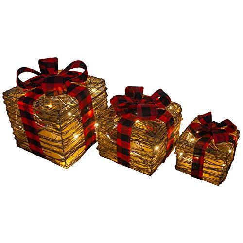 SHATCHI SHATCHI Light Up Kerstpakketten Pre-Lit Batterij Werkt LED Glitter Sisal/Rotan Xmas Cadeaus Vakantiehuis Nieuwigheid Decoraties Set van 3 - Goud/Rood/Crème/Tartan, Bruin, 25cm/20cm/15cm