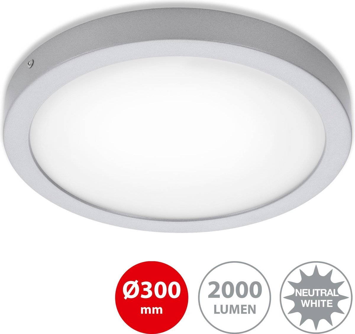 Briloner Leuchten LED opbouwlamp, plafondlamp, plafondlamp 21 watt, 2.000 lumen, 3.000 Kelvin, rond, chroom-mat Ø 30cm