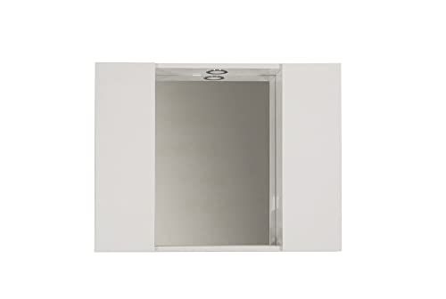 MaMa Store Badkamerspiegel met 2 vakken, houder en LED-licht, wit, glanzend, hout, 81 cm