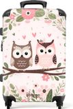 NoBoringSuitcases.com® Kinderkoffer meisje - Kindertrolley meisjes - Roze en bruine uil zitten samen op een tak - Koffer kind groot - Rolkoffer lichtgewicht - Reiskoffer met 4 wielen - Grote trolley XL