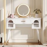 OKWISH Kaptafel – Met Ronde Ledspiegel En 1 Lade – 100 x 42 x 112 cm – 2 Kastdeuren Met Verstelbare Planken – Wit Goud