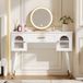 OKWISH Kaptafel – Met Ronde Ledspiegel En 1 Lade – 100 x 42 x 112 cm – 2 Kastdeuren Met Verstelbare Planken – Wit Goud
