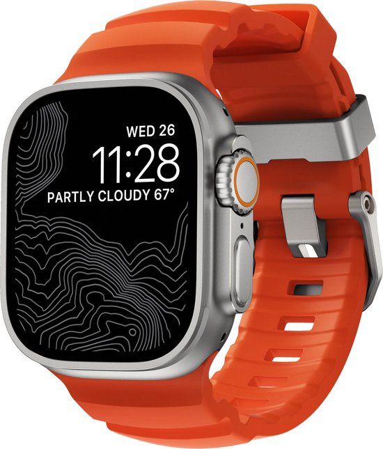 Nomad Rocky Point Horlogeband / Natural Hardware 45/46/49mm – Gemaakt van Duurzaam FKM Fluorelastomeer – Waterbestendig en Ventilatiegroeven – Compatibel met Alle Apple Watch Modellen - Oranje