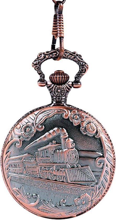 Fako® Pocket Watch - XXL - Locomotief - Ø 47mm - Antique Red Brown - Men's