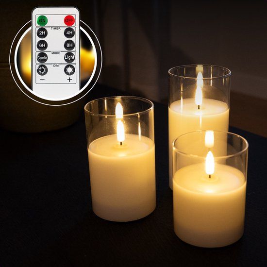 Akaro Oplaadbare LED Kaarsen - 3 LED Kaarsen met Transparant Glas - inclusief afstandsbediening