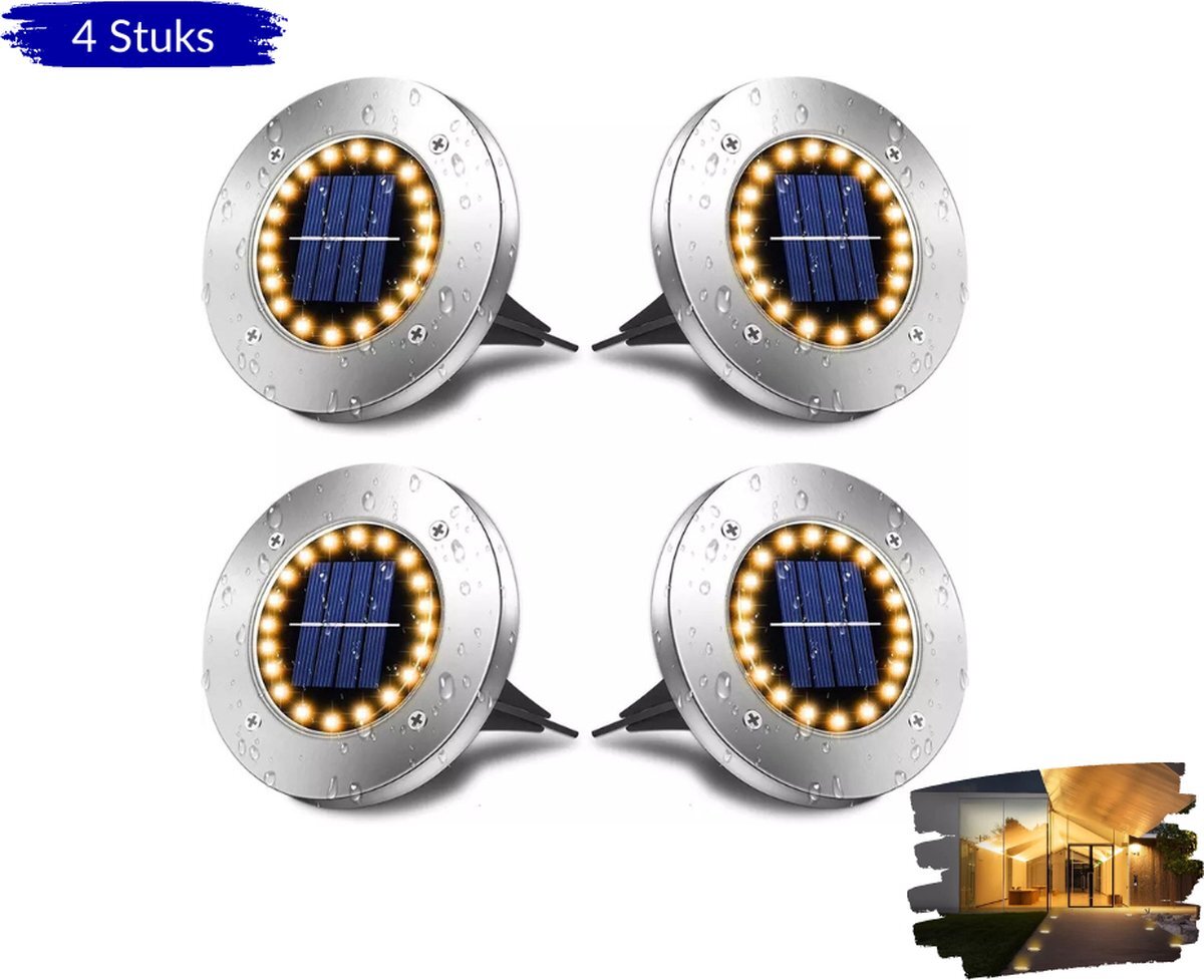 DONLINE 4 x LED Solar Grondspots - RVS - Solar Tuinverlichting - Zonne Energie - Buitenverlichting Tuinlamp - Waterdicht