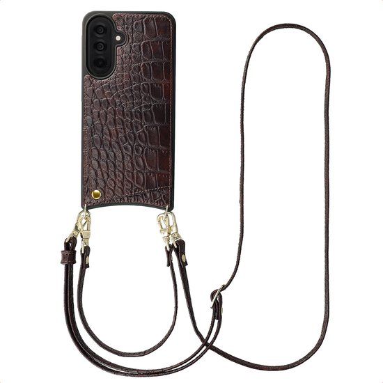 Selencia Hoesje - Geschikt voor Samsung Galaxy A37 (5G) - Croco Backcover met koord en pashouder - Choco Brown