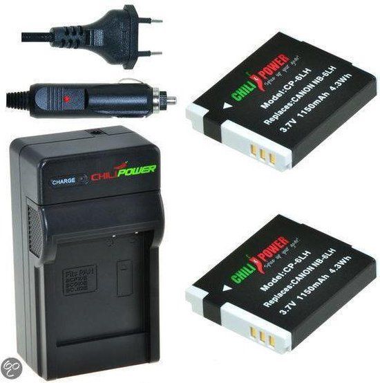 ChiliPower 2 x NB-6LH Accu's voor Canon - incl. Oplader & Autolader - 1150 mAh