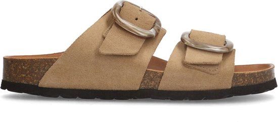 Manfield - Dames - Beige suède slippers met gesp - Maat 36