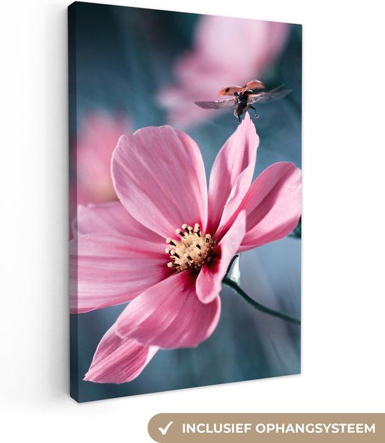 OneMillionCanvasses Canvas schilderij - Bloemen - Lieveheersbeestje - Roze - 80x120 cm