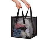 Wasmand tas met handgrepen, draagbare en opvouwbare vuile kleding mesh mand opvouwbaar voor wasopslag, kinderkamer, slaapzaal of reizen (zwart, enkellaags)