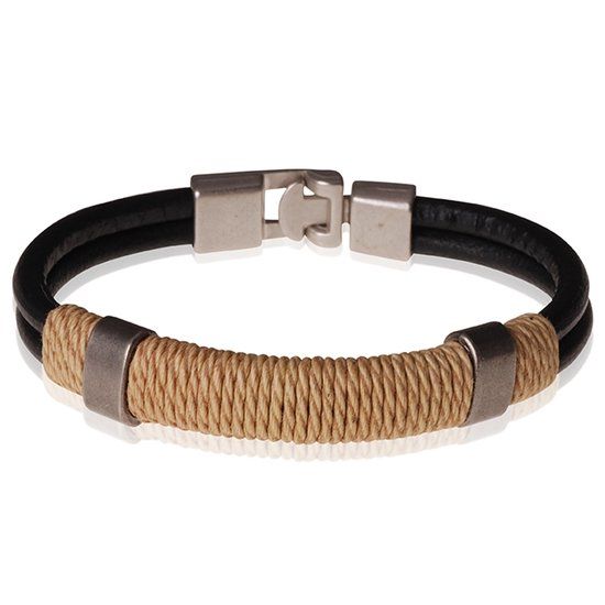 LGT JWLS LGT Jewels zwarte leren armband Heren Geel Touw- 21.5cm