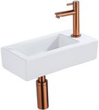QeramiQ Fuente fonteinset – 37.5x18.5x9 cm – keramiek wit glans – kraangat rechts – geborsteld koperen kraan