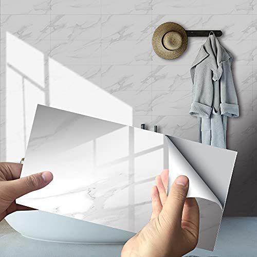 Hiseng Hiser Tegelstickers voor keukenwand, 16 stuks, rechthoekig, marmerpatroon, waterdicht, oliebestendig, decoratieve zelfklevende wandtegel voor in de keuken, badkamer, woonkamer, wit, 30 x 15 cm