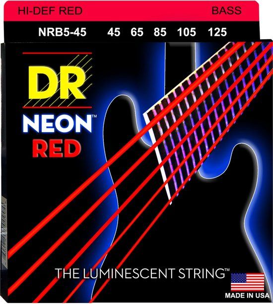 D&R 5-String Bass Guitar Strings 45-125 Hi-Def Neon Red NRB5-45 - 5 Pack