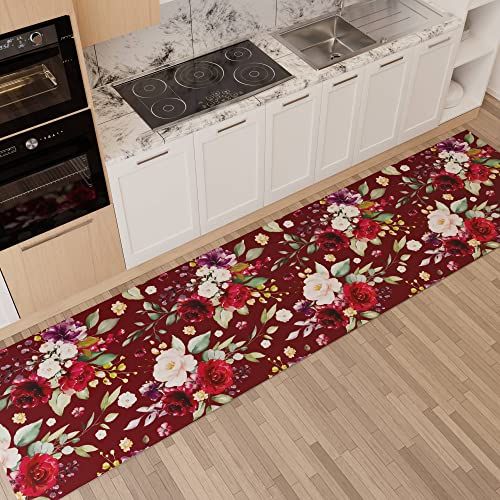 PETTI Artigiani Italiani - Keuken tapijt - 52 x 100 cm - Bloemenpatroon - Bordeaux - Antislip - Wasbaar - Made in Italy