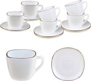KingHoff Vierkante Kop en Schotel Set 12-delig - Wit Opaalglazen Koffiekopjes met Gouden Rand - 220 ml