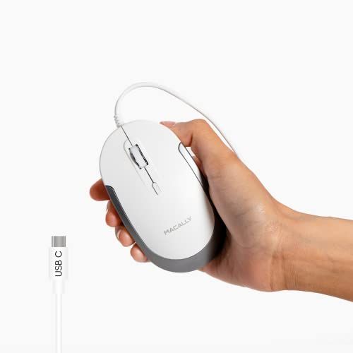Macally Stille USB C-muis voor Mac & Windows - 3 Knoppen & Scroll Wheel USB Type C-muis - Comfortabel links- ontwerp - Compacte bedrade muis met optische sensor en DPI-schakelaar 800/1200/1600/2400
